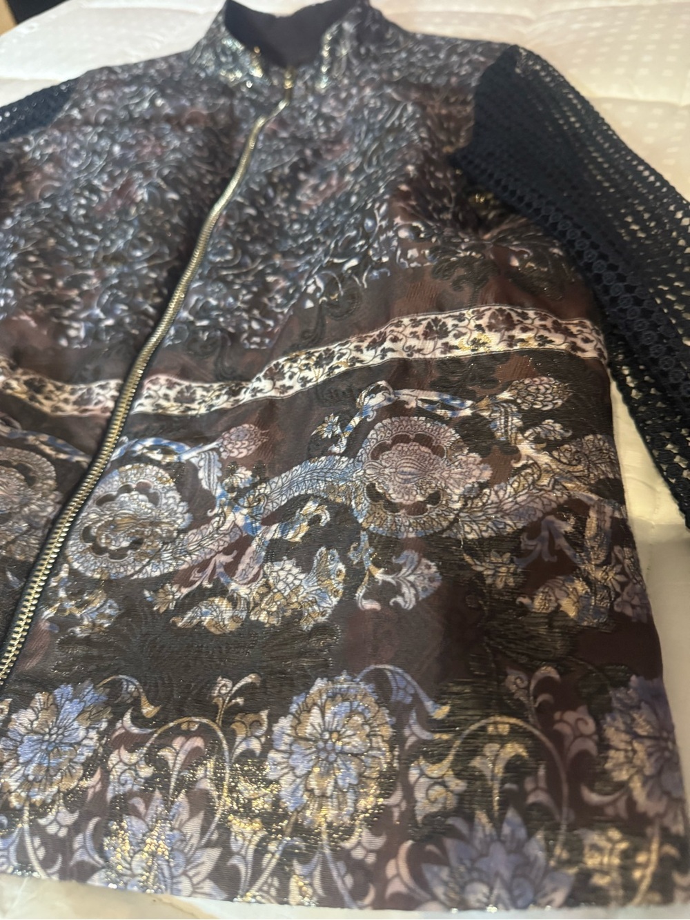 Elie Tahari Metallic Floral Bomber Jacket in Black and Brown